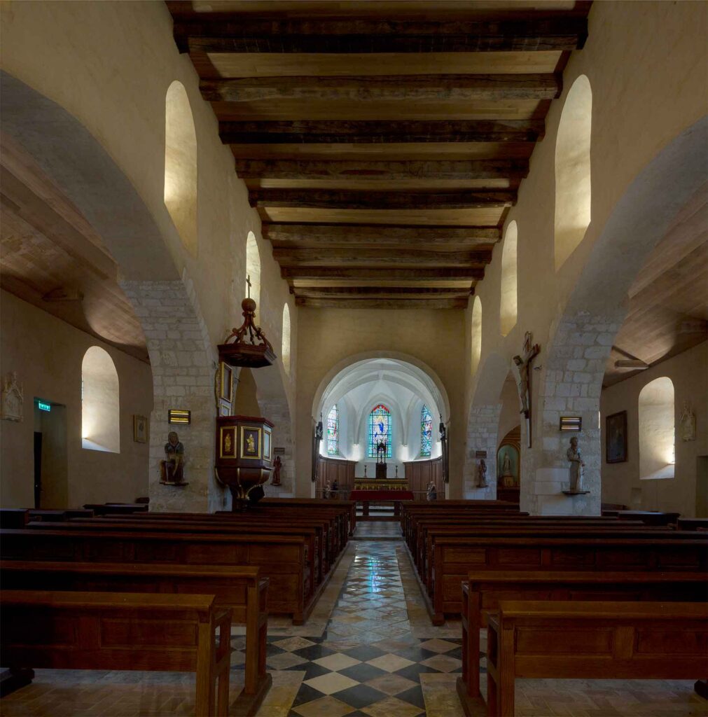 View of the interior of Plomion church